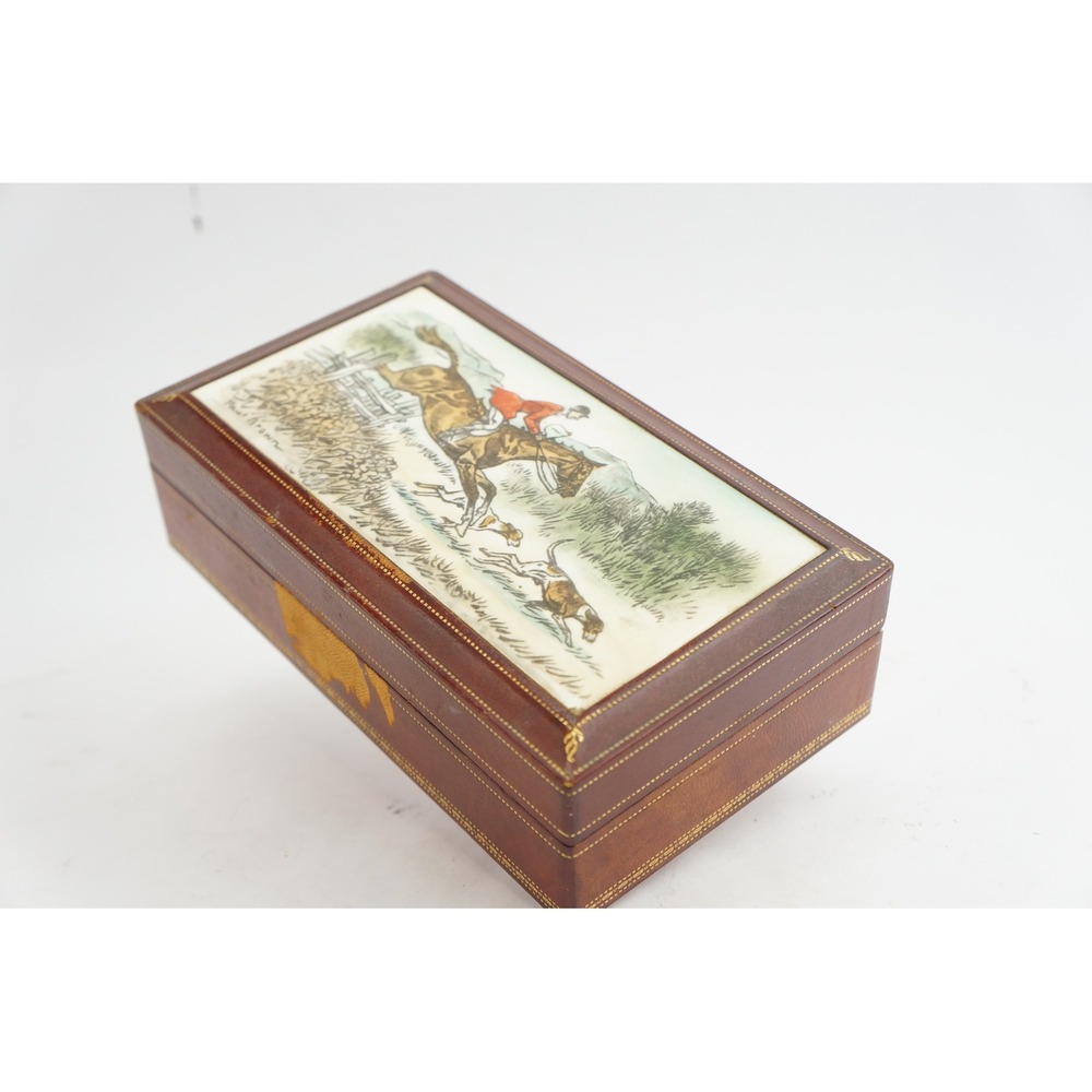 Paul Brown Equestrian Fox Hunt Leather Cigarette‎ Box Brown Vintage 1950s Fair
